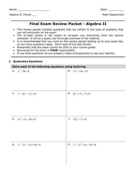 Algebra 2 Final Review Packet Answers PDF