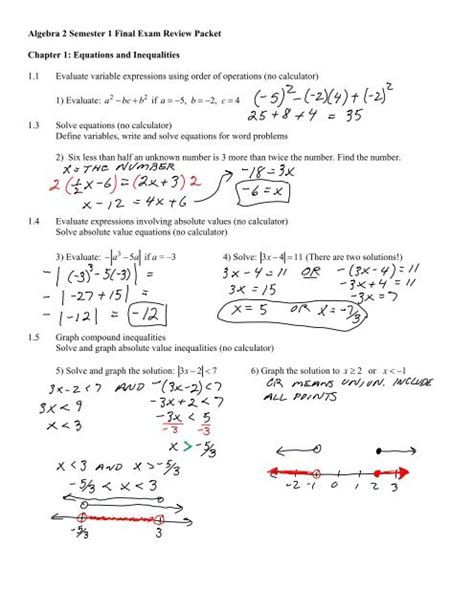 Algebra 2 Semester Packet Review Answers PDF