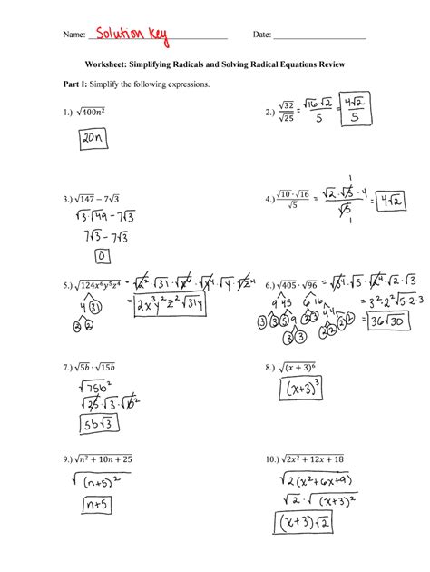 Algebra Simplifying Radicals Test Answers PDF