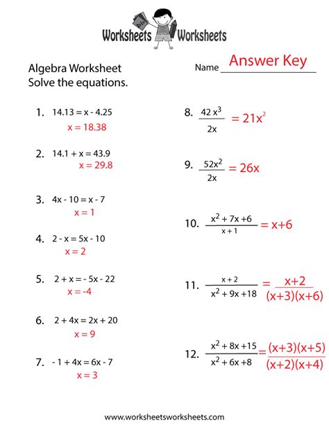 Algebra Worksheets With Answer Key Kindle Editon