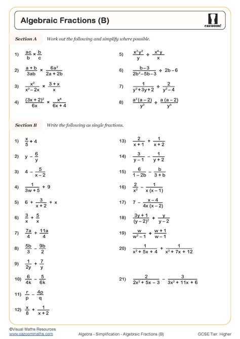 Algebraic Fractions Worksheet With Answers PDF