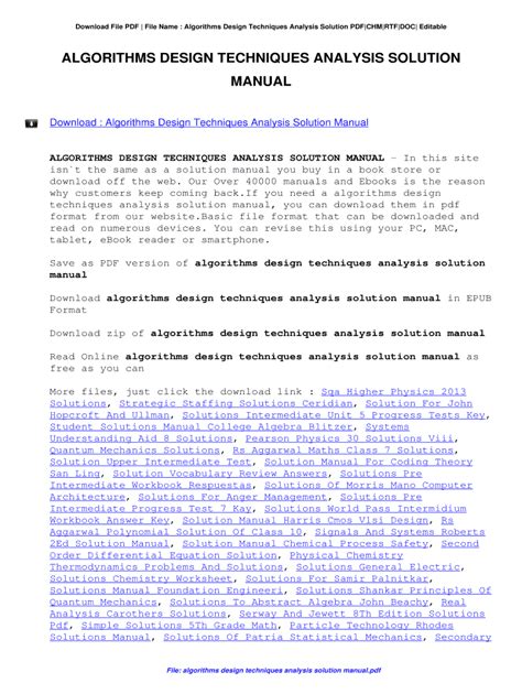 Algorithms Design Techniques Analysis Solution Manual Epub