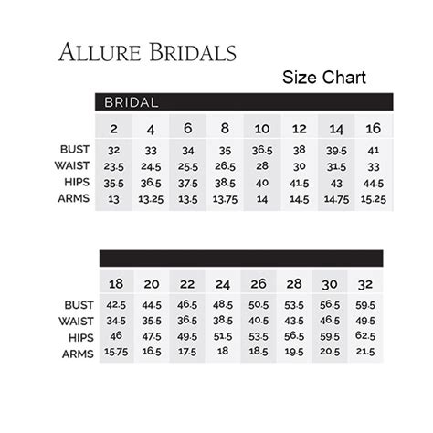 Allure Wedding Dress Size Chart