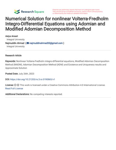 Analysis And Numerical Solution Of Nonlinear Volterra PDF