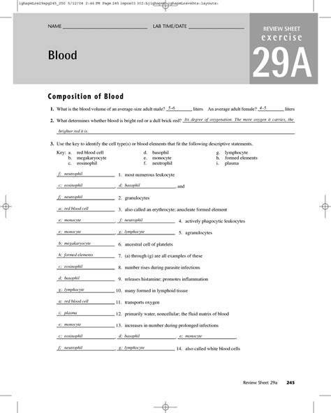 Anatomy Review Sheet Exercise 19 Blood Answers PDF