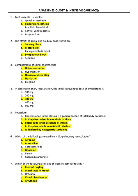 Anesthesia Mcq And Answers Epub