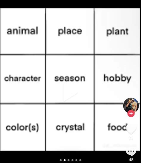 Animal Place Plant Character Template