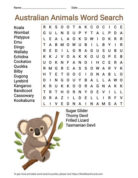 Animals Of Australian Word Search Free Printable