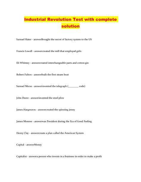 Answer For Industrial Revolution Section 1 Assessment Doc