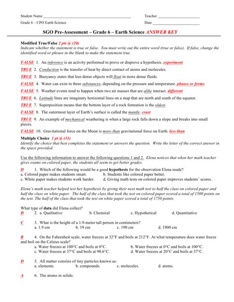 Answer Key 6th Grade Science Pearson Hall Doc