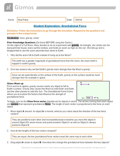 Answer Key For Gravitational Force Gizmo Reader