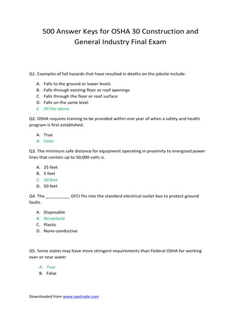 Answer Key For Osha Construction 500 Test Kindle Editon