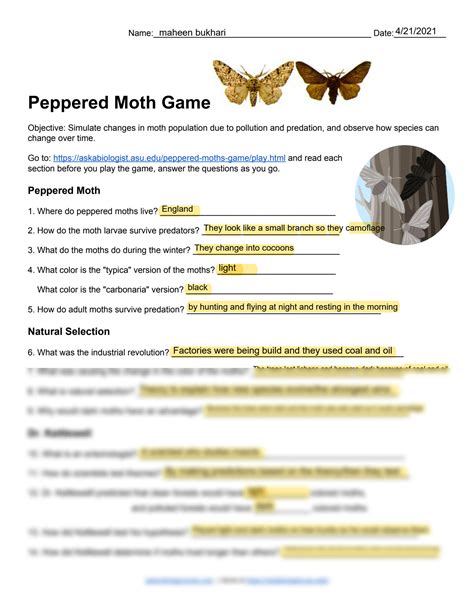 Answer Key For Peppered Moth Simulation Reader