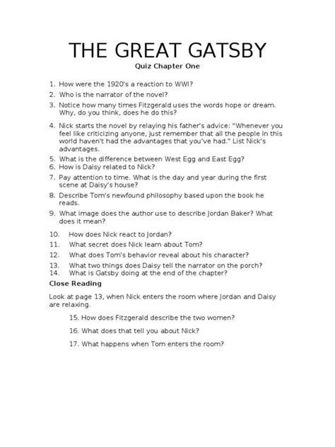 Answer Key For The Great Gatsby Reader