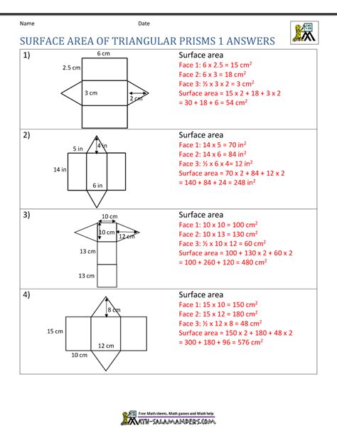 Answer Key For Triangular Prism Surface Area PDF