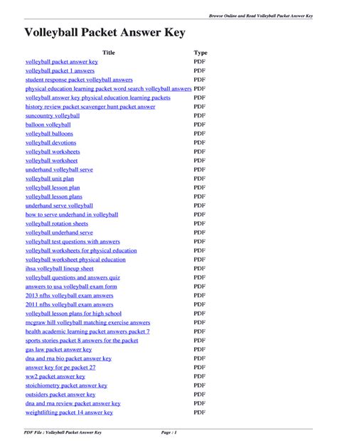 Answer Key For Volleyball Packet PDF