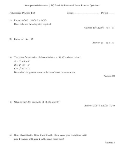 Answer Key Math Past Provincial Exams Bc PDF