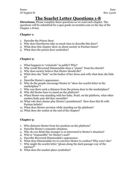 Answer Key Study Guide Questions The Scarlet Letter Reader