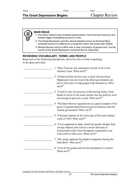 Answer Key The Great Depression Begins Reader