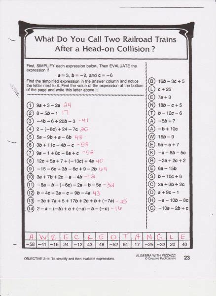 Answer Key To Algebra With Pizzazz Worksheets PDF