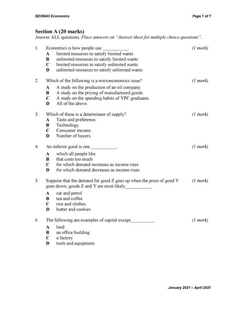 Answer Key To Economics Final Exam Reader