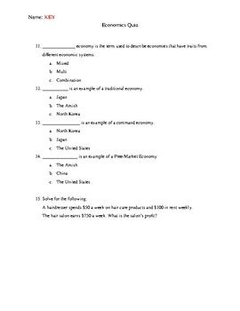 Answer Key To Economics Quiz 1 PDF