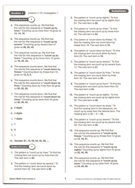 Answer Key To Saxon Math Intermediate 5 Doc