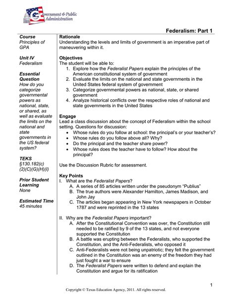 Answer Key To Section 1 Federalism PDF