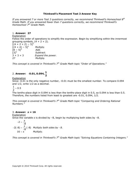 Answer Keys For Excel Math Placement Tests Epub