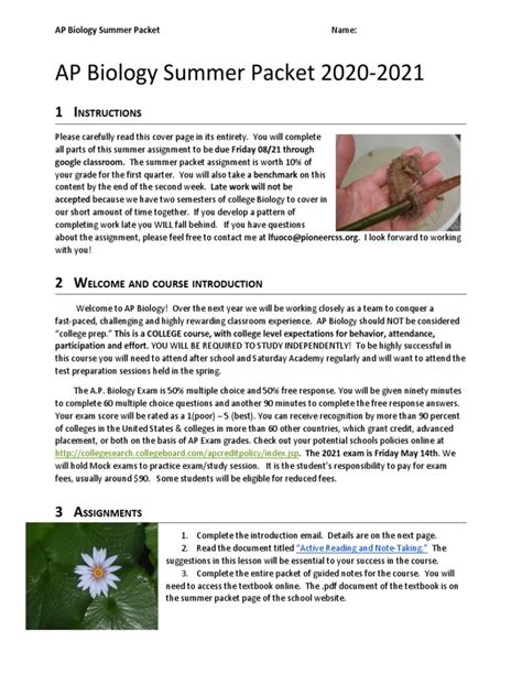 Answer Sheets To Ap Biology Summer Packet Doc