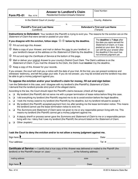 Answer To Landlords Claim Case Number Form Ps 01 Rev Doc