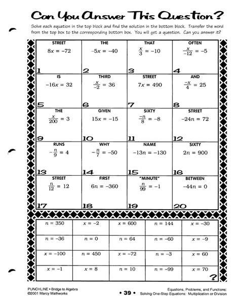 Answers For Math Sheet Punchline Algebra Reader