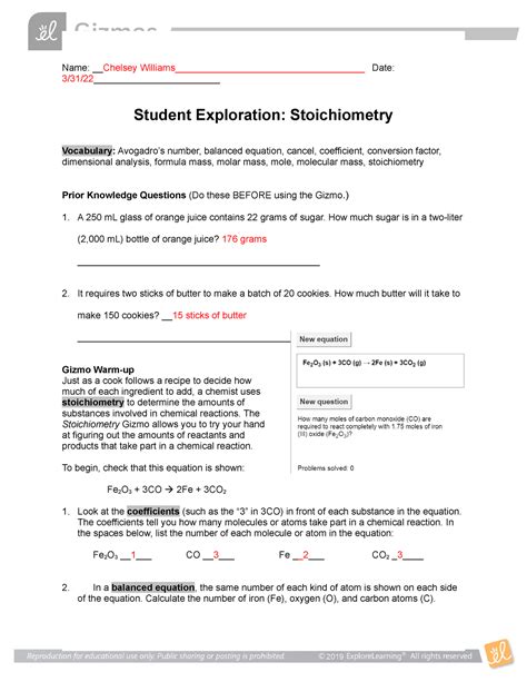 Answers For Stoichiometry Gizmo Worksheets Reader