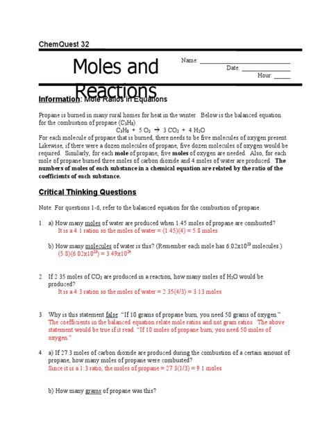 Answers To Chemquest 32 Moles And Reactions Reader