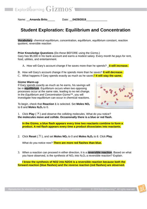 Answers To Equilibrium And Concentration Gizmo PDF