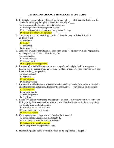 Answers To General Psychology Final Exam Reader