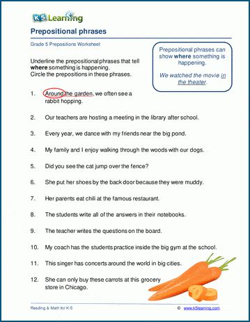 Answers To Grammar Exercise Work Prepositional Phrases Reader