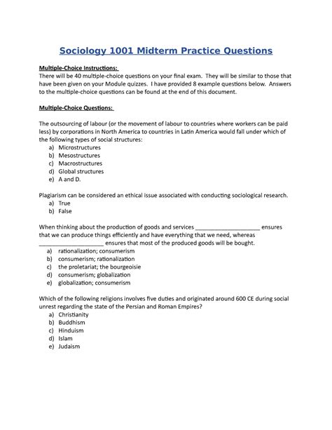 Answers To Sociology Test Questions Doc