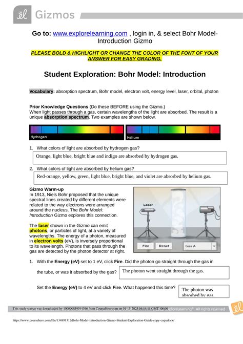 Answers To Student Exploration Bohr Model Introduction Epub