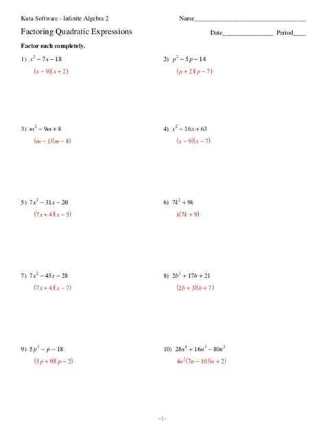 Answers To Tenmarks Assignment Factoring Quadratic Expressions Doc