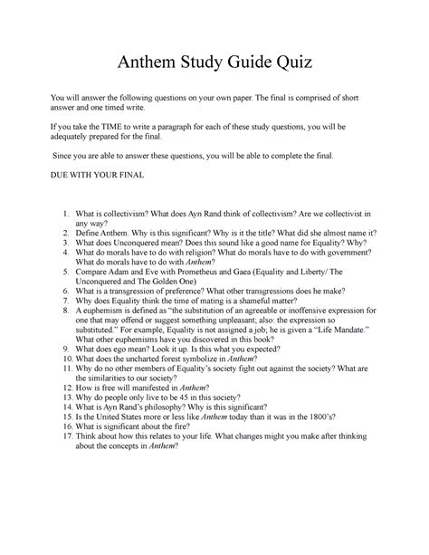 Anthem Answers Study Guide Questions Epub