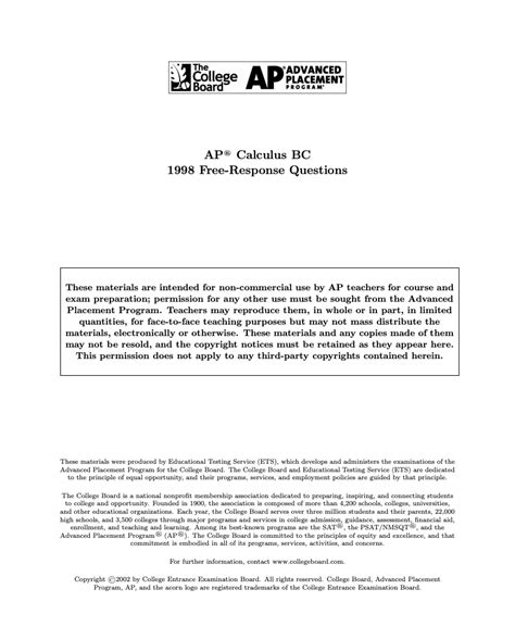 Ap Calculus Bc 1998 Free Response Answers Reader