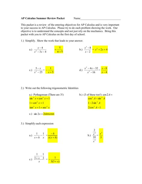 Ap Calculus Summer Review Packet Answers Reader