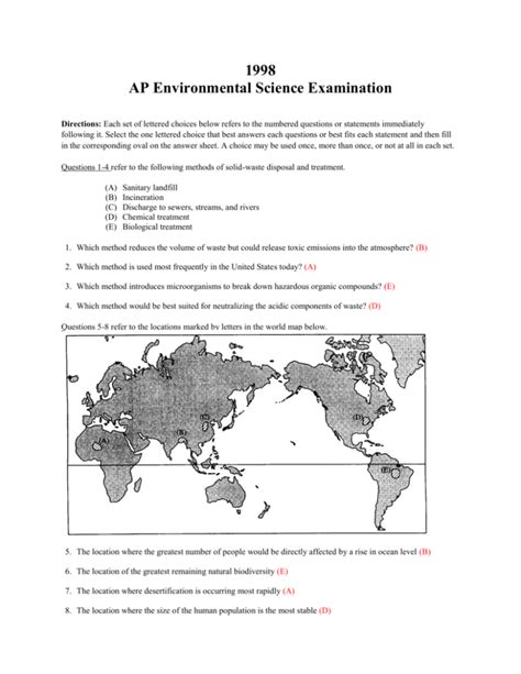 Ap Environmental Science 1998 Multiple Choice Answers Doc