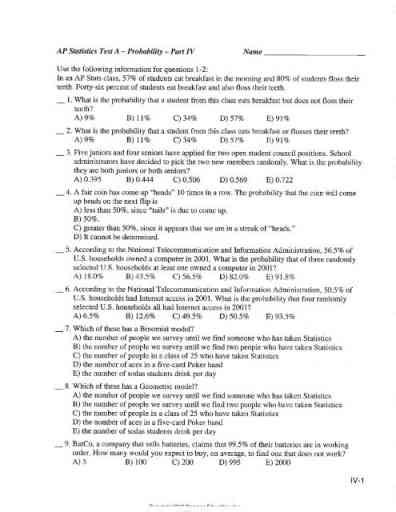 Ap Statistics Test B Probability Part Iv Answers PDF