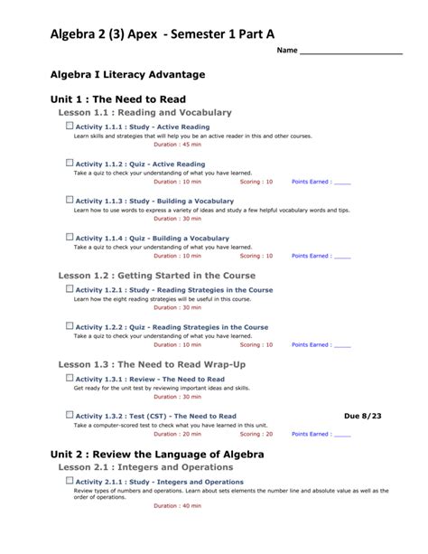 Apex Answer Key For Algebra 1 Sem 2 PDF