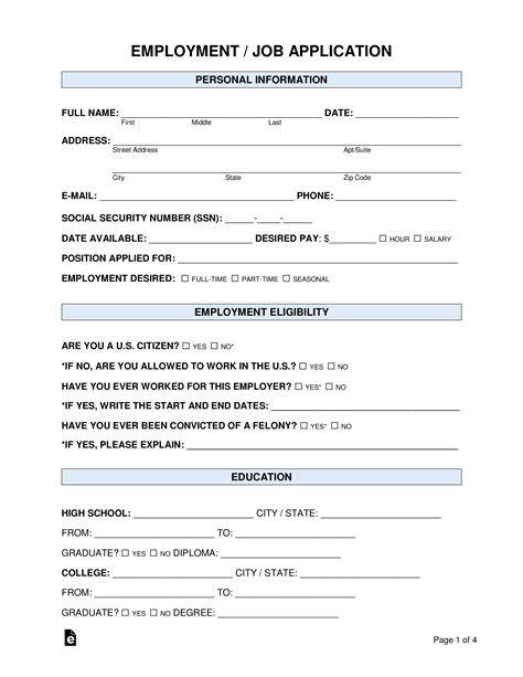 Applications For Employment Printable