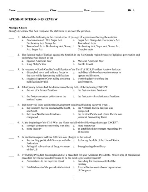 Apush 2012 Multiple Choice Midterm Exam Answers Doc