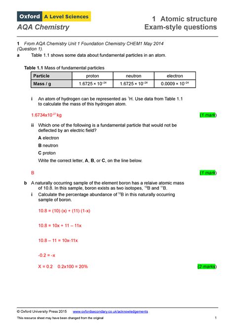 Aqa A2 Chemistry Exam Style Questions Answers Chapter 1 PDF