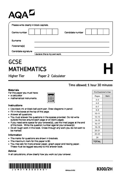 Aqa Maths Gcse 4306 Answer Paper 2h Reader